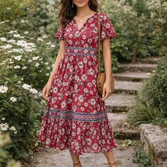 Knox Rose Red Floral Boho Midi Dress Size L | V-Neck Tiered Cottagecore - Picture 2 of 13